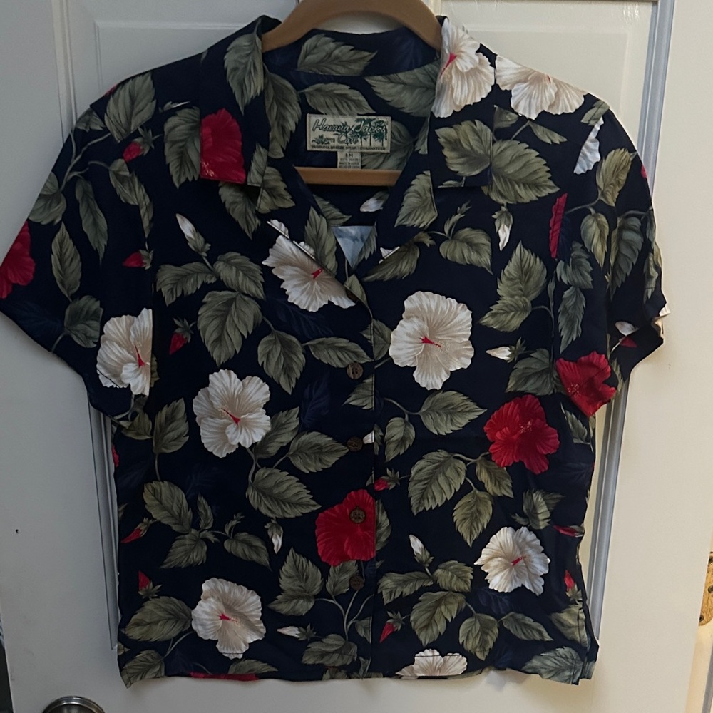 Tropical Floral Button Down Shirt - Navy and Red